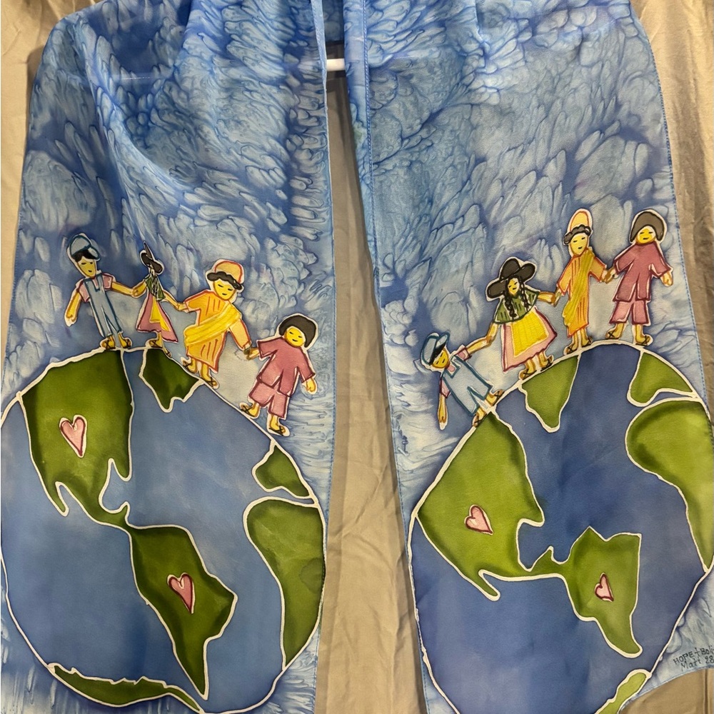 HAND PAINTED Colorful World Scarf with Children Design